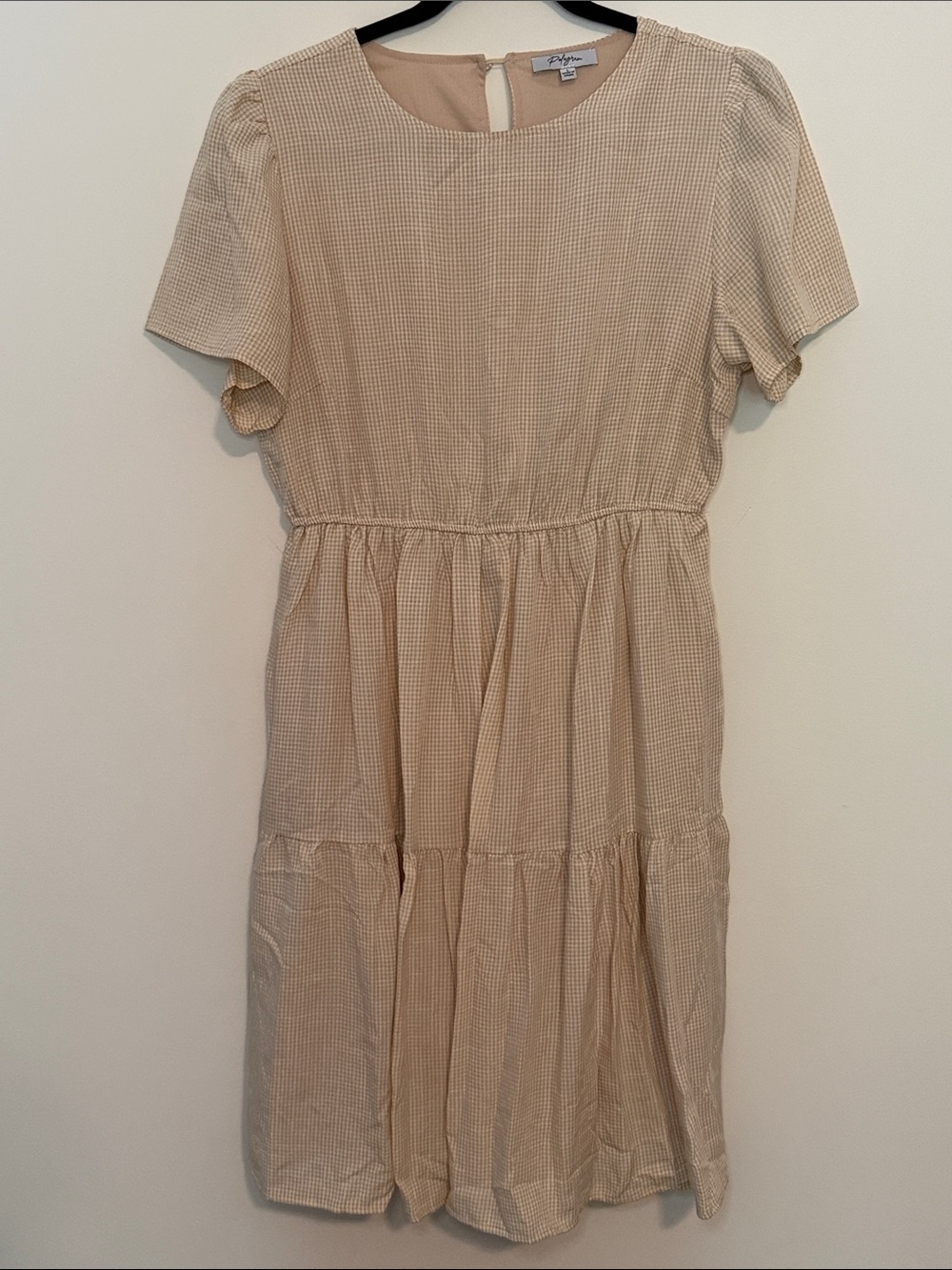 Polagram Beige Gingham Tiered Midi Dress